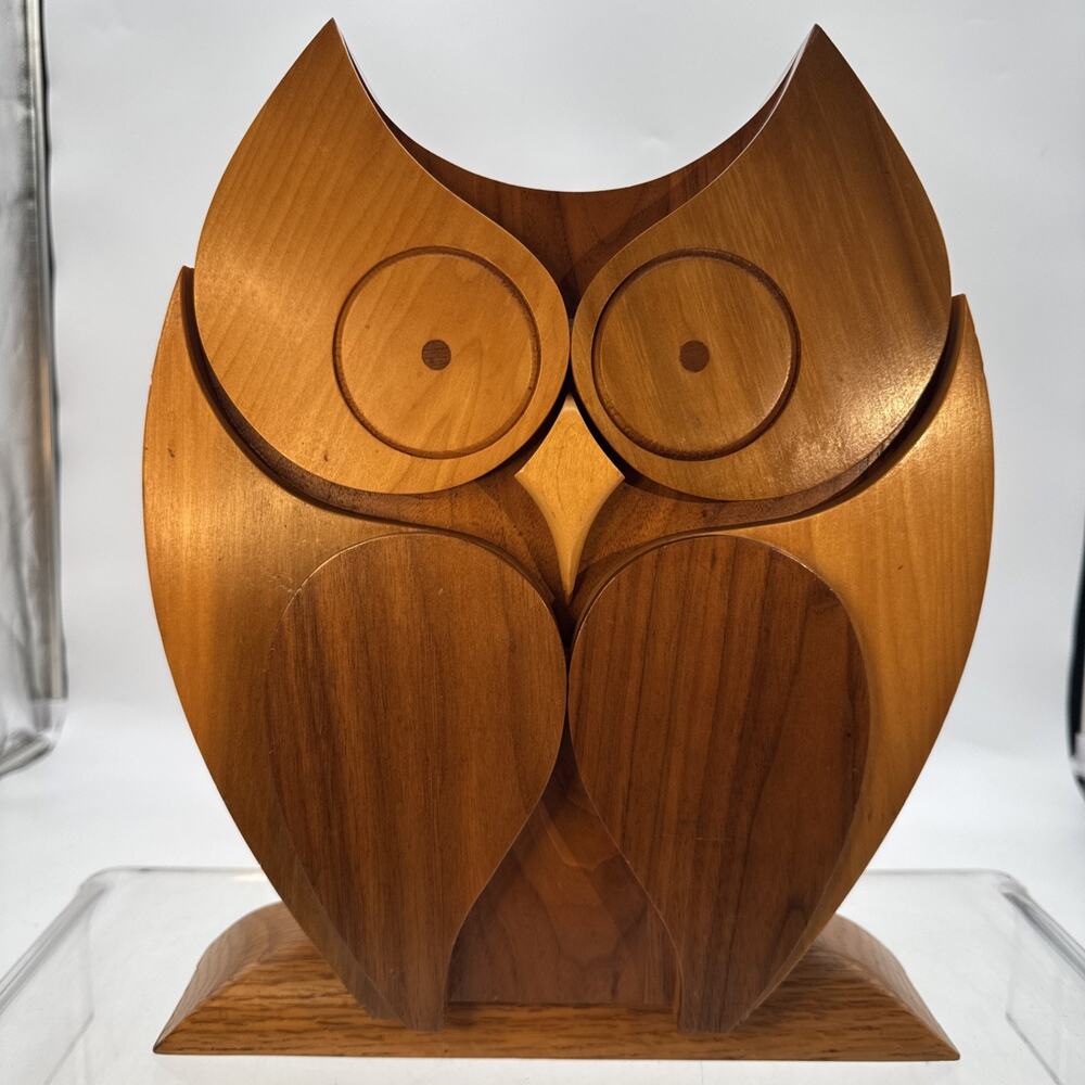 Vintage Owl Hand Carved Wood Retro Bank Puzzle Box 14” MCM Boho Decor